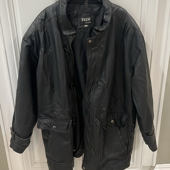Teco men’s black Leather Jacket size XL biker 90s trench coat - Picture 2 of 16